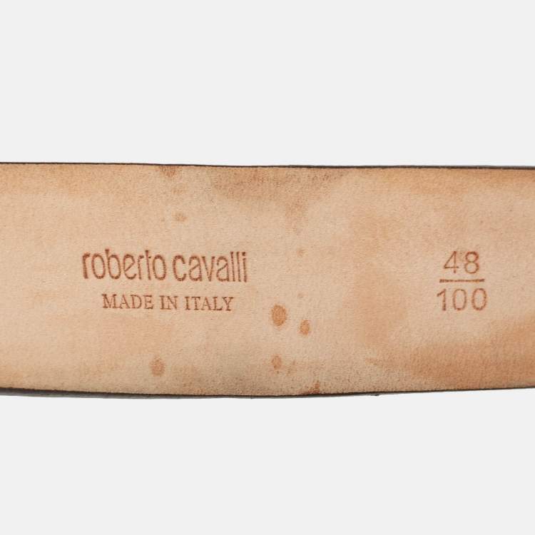 Pre Owned Roberto Cavalli Gold Leather Crystal Embellished Buckle Belt 100 CM