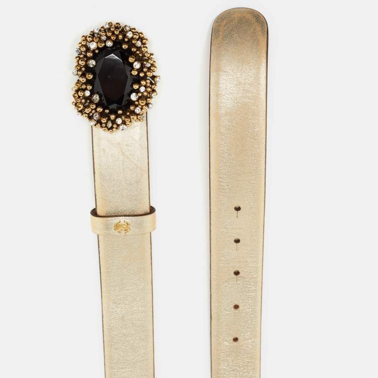 Pre Owned Roberto Cavalli Gold Leather Crystal Embellished Buckle Belt 100 CM
