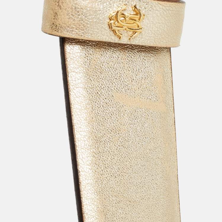 Pre Owned Roberto Cavalli Gold Leather Crystal Embellished Buckle Belt 100 CM