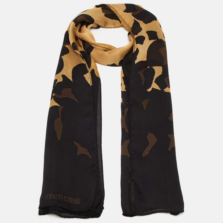 مملوكة مسبقًا Roberto Cavalli Black/Brown Animal Print Silk Scarf