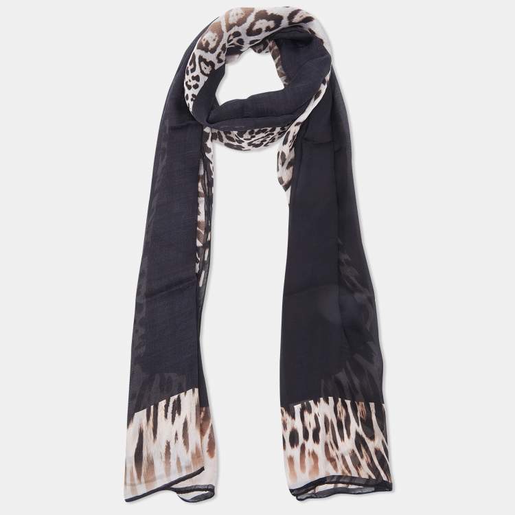 Pre Owned Roberto Cavalli Black Animal Print Silk Chiffon Stole