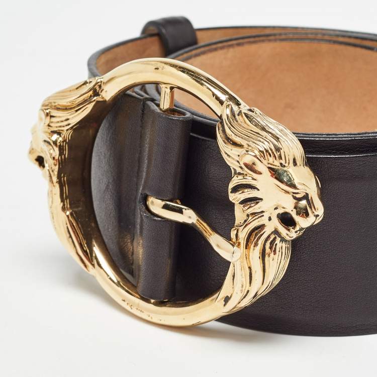 Pre Owned Roberto Cavalli Black Leather Metal Double Lion Head Belt 95CM