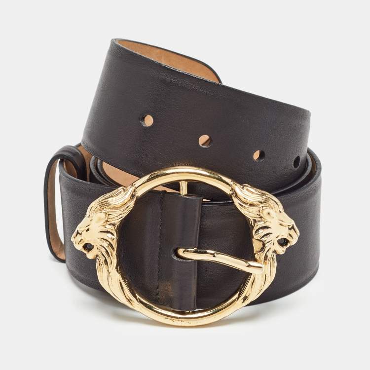 Pre Owned Roberto Cavalli Black Leather Metal Double Lion Head Belt 95CM