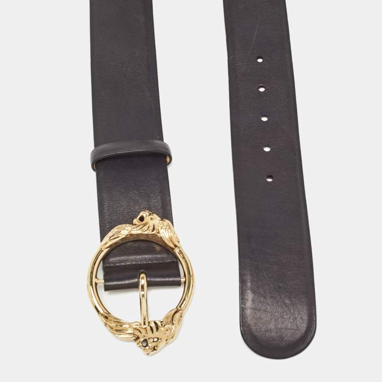 Pre Owned Roberto Cavalli Black Leather Metal Double Lion Head Belt 95CM