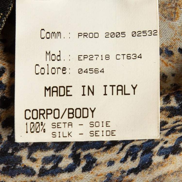 Pre Owned Roberto Cavalli Blue/Brown Printed Velvet Trim Silk Blouse M