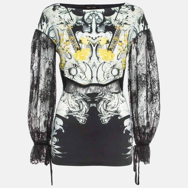 Pre Owned Roberto Cavalli Jersey Multicolor Print Lace Detailed Top M