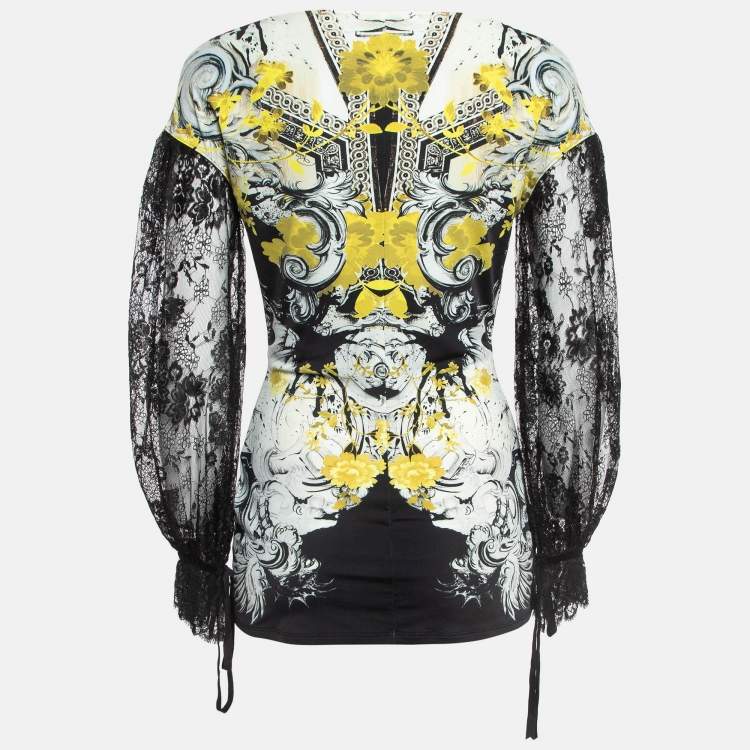 Pre Owned Roberto Cavalli Jersey Multicolor Print Lace Detailed Top M
