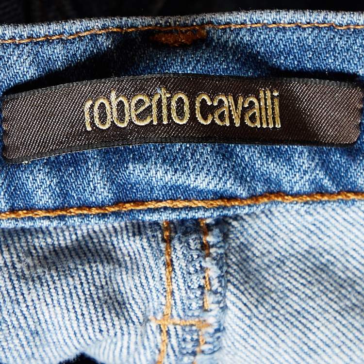 Pre Owned Roberto Cavalli Blue Embroidered Washed Denim Jeans Waist 29"