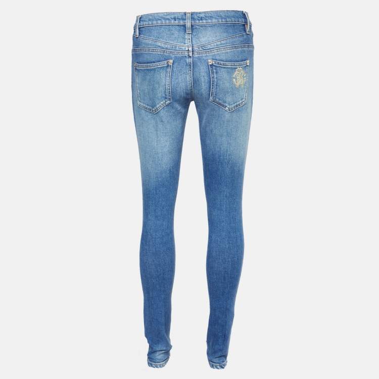 Pre Owned Roberto Cavalli Blue Embroidered Washed Denim Jeans Waist 29"