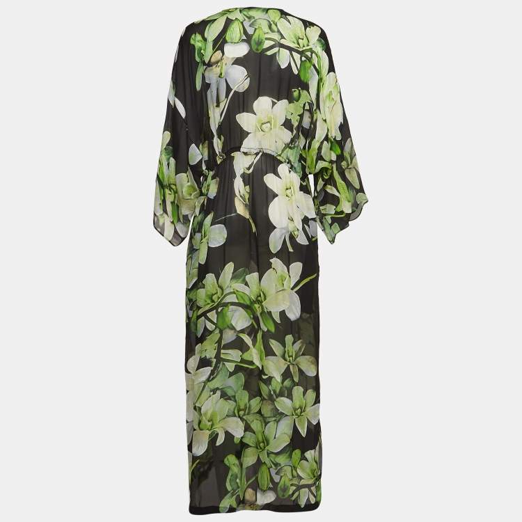 Pre Owned Roberto Cavalli Green Floral Print Silk Sheer Maxi Dress M