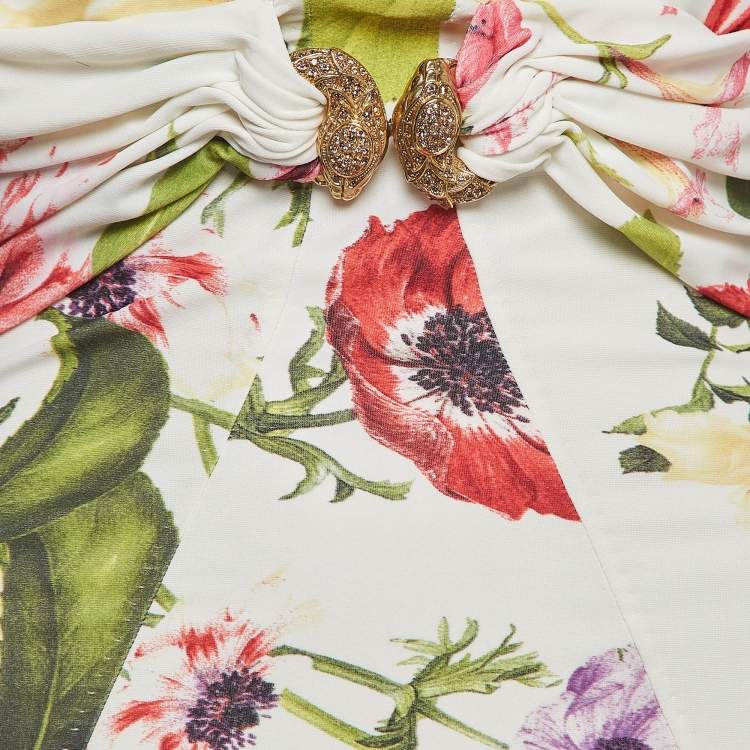 مملوكة مسبقًا Roberto Cavalli Cream Floral Printed Jersey Embellished Top M