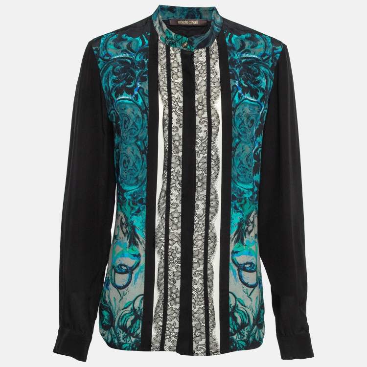 مملوكة مسبقًا Roberto Cavalli Multicolor Silk Lace Trim Shirt M