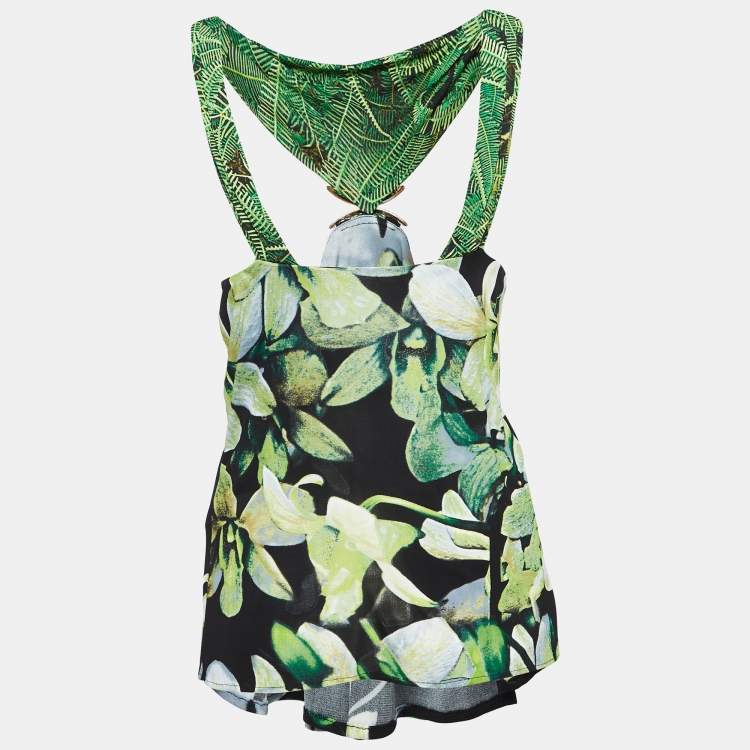 Pre Owned Roberto Cavalli Green Floral Print Jersey Brooch Detail Top M