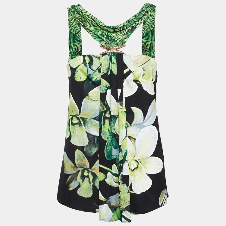 Pre Owned Roberto Cavalli Green Floral Print Jersey Brooch Detail Top M