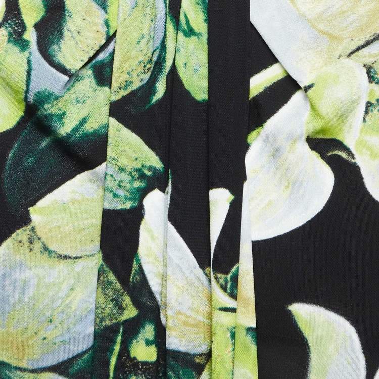 Pre Owned Roberto Cavalli Green Floral Print Jersey Brooch Detail Top M
