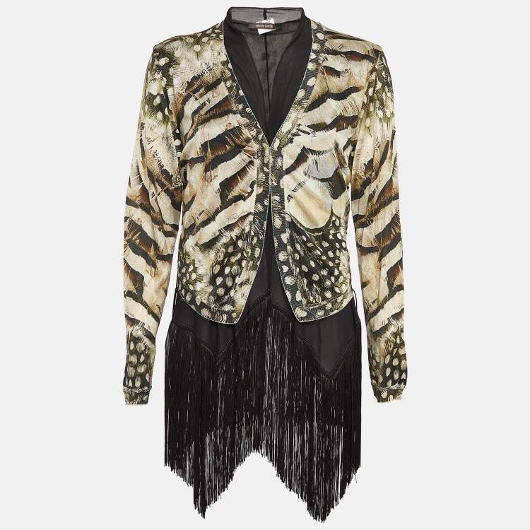 Pre Owned Roberto Cavalli Green/Black Printed Knit and Silk Tassels Cardigan 