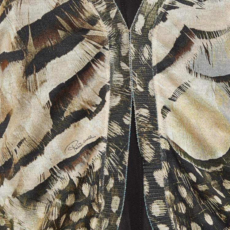 Pre Owned Roberto Cavalli Green/Black Printed Knit and Silk Tassels Cardigan 