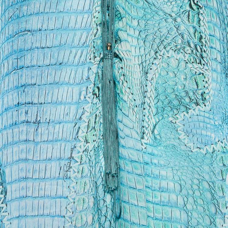 Pre Owned Roberto Cavalli Blue Snake Print Silk Lace-Up Neck Kaftan Top M