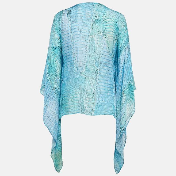 Pre Owned Roberto Cavalli Blue Snake Print Silk Lace-Up Neck Kaftan Top M