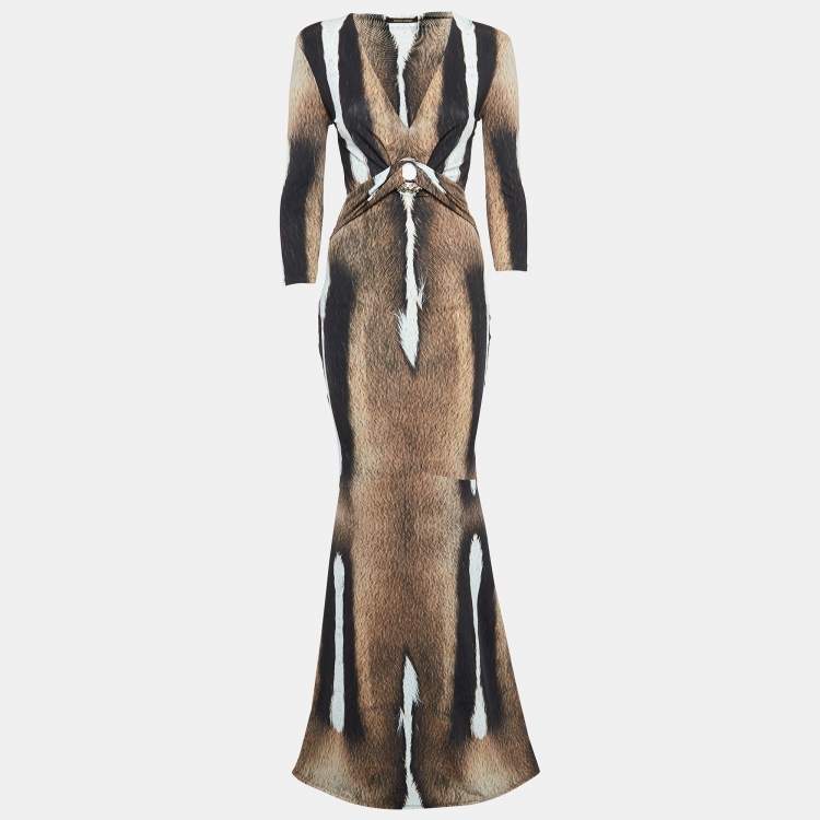 Pre Owned Roberto Cavalli Brown Fur Print Jersey Brooch Detail Maxi Dress M