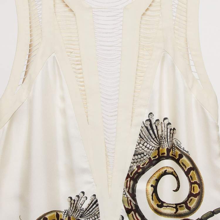 Pre Owned Roberto Cavalli White Printed Silk Swing Trim Sleeveless Dress M