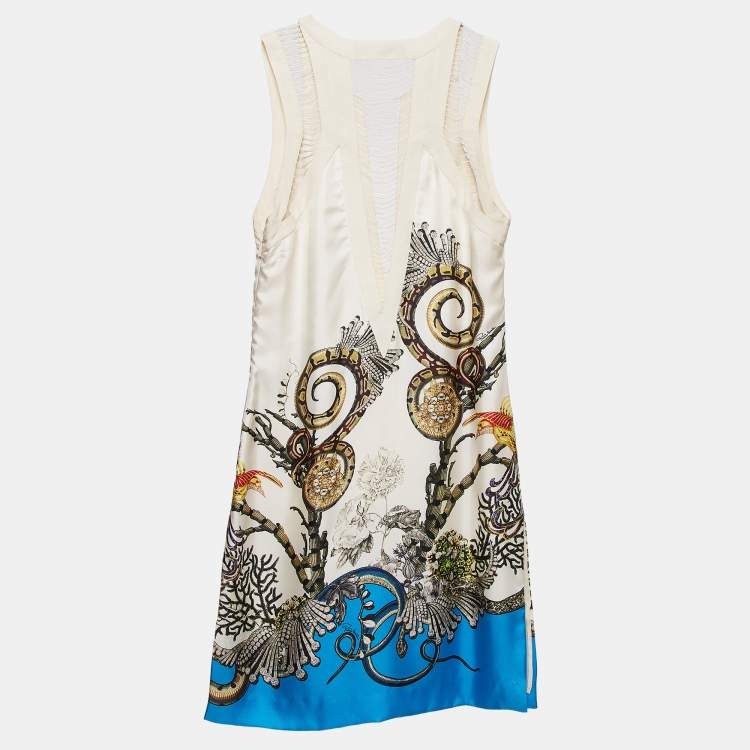 Pre Owned Roberto Cavalli White Printed Silk Swing Trim Sleeveless Dress M