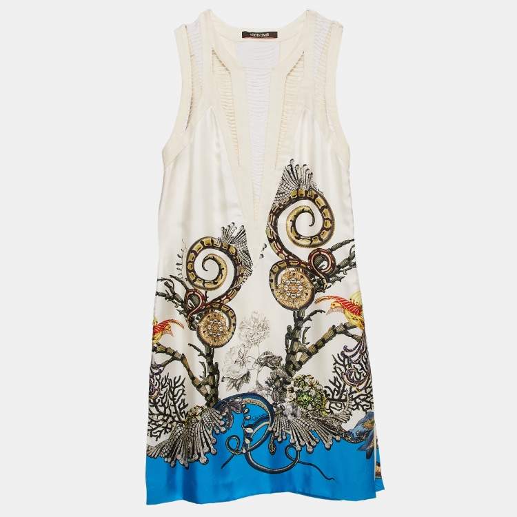 Pre Owned Roberto Cavalli White Printed Silk Swing Trim Sleeveless Dress M