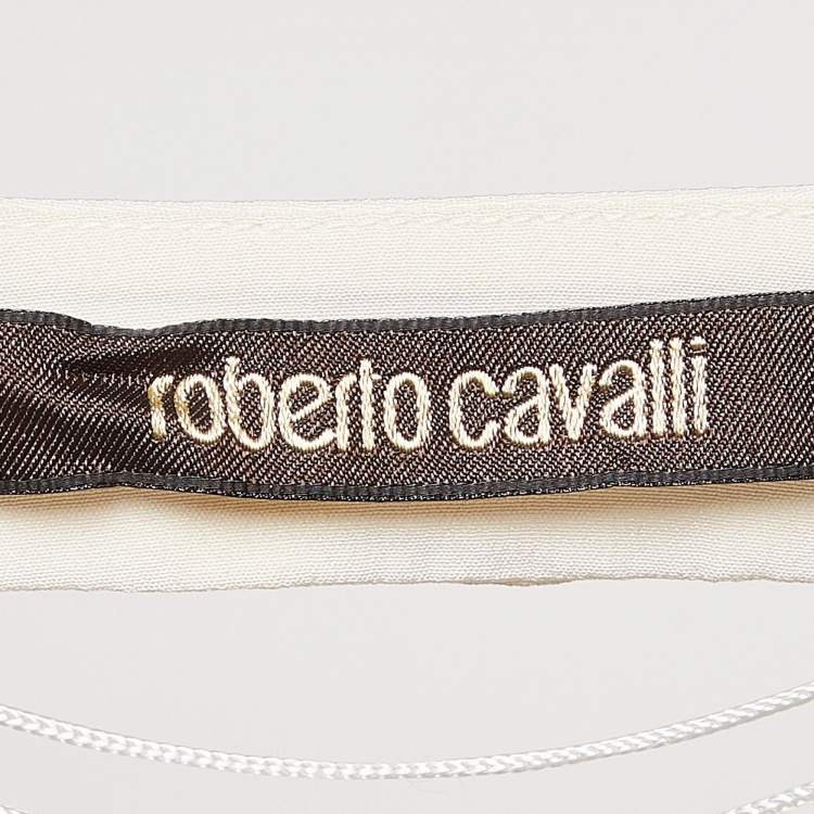 Pre Owned Roberto Cavalli White Printed Silk Swing Trim Sleeveless Dress M