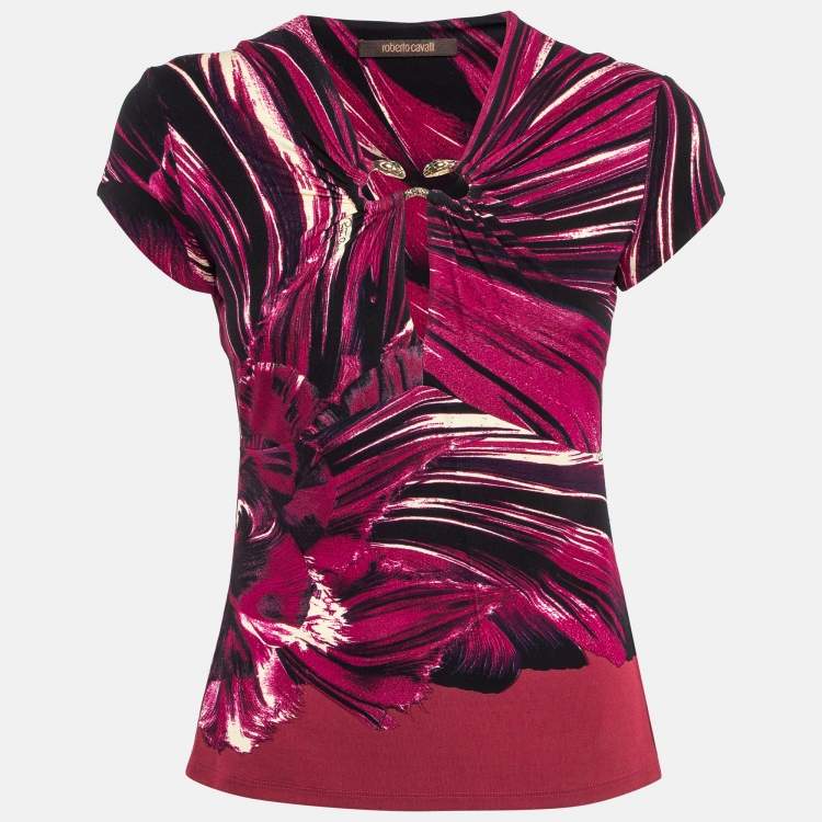 Pre Owned Roberto Cavalli Pink Printed Jersey Brooch Embellished Top S