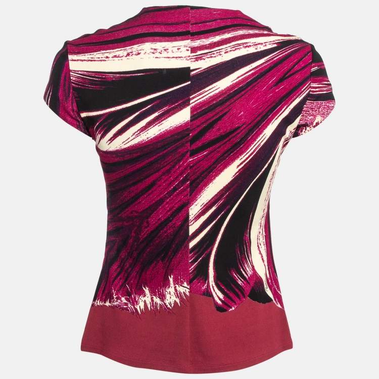 Pre Owned Roberto Cavalli Pink Printed Jersey Brooch Embellished Top S