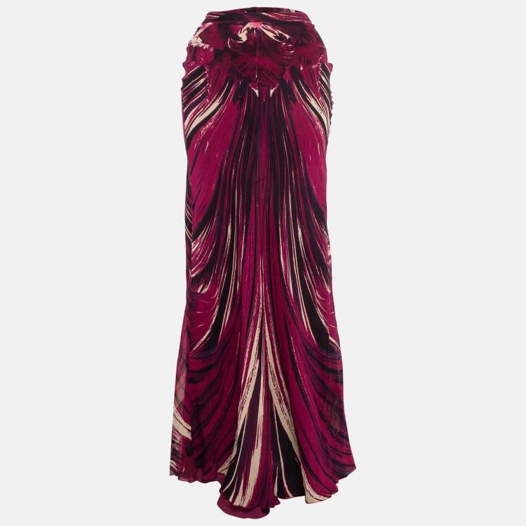 Pre Owned Roberto Cavalli Pink Multicolor Silk Maxi Skirt L