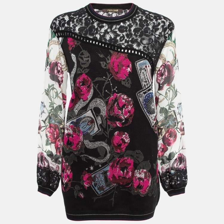 Pre Owned Roberto Cavalli Black Floral Pattern Knitted Lace Trim Mini Dress M