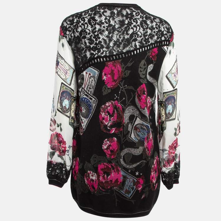 Pre Owned Roberto Cavalli Black Floral Pattern Knitted Lace Trim Mini Dress M