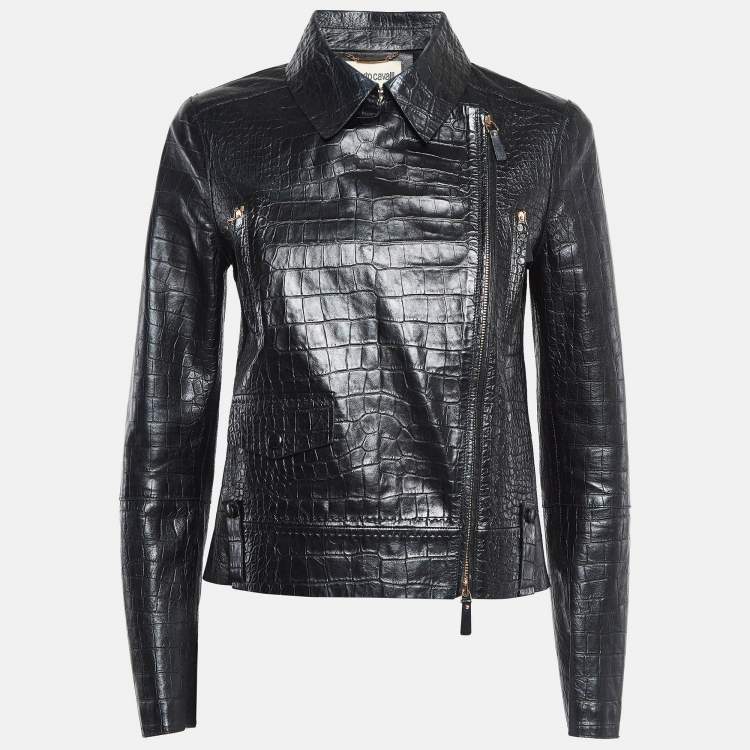 Pre Owned Roberto Cavalli Black Reptile Embossed Leather Biker Jacket S