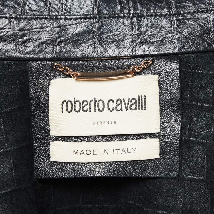 Pre Owned Roberto Cavalli Black Reptile Embossed Leather Biker Jacket S