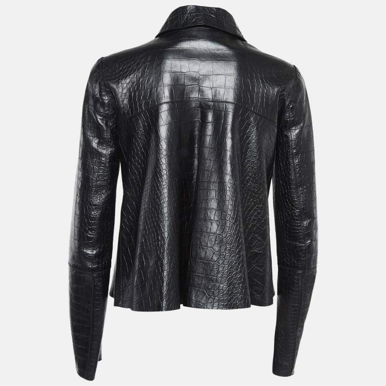 Pre Owned Roberto Cavalli Black Reptile Embossed Leather Biker Jacket S