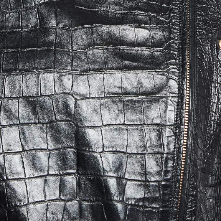 Pre Owned Roberto Cavalli Black Reptile Embossed Leather Biker Jacket S