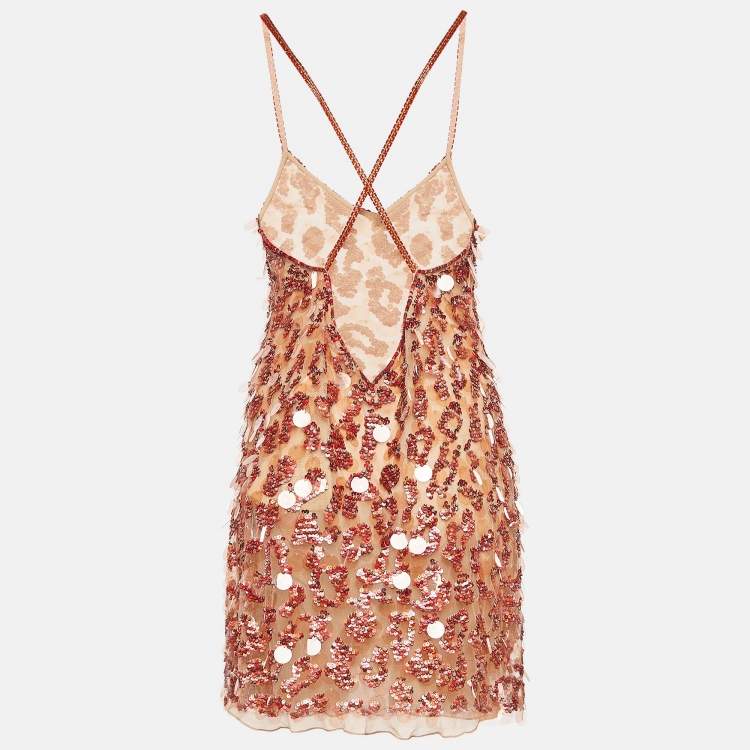 Pre Owned Roberto Cavalli Coral Beige Sequin Mini Dress M