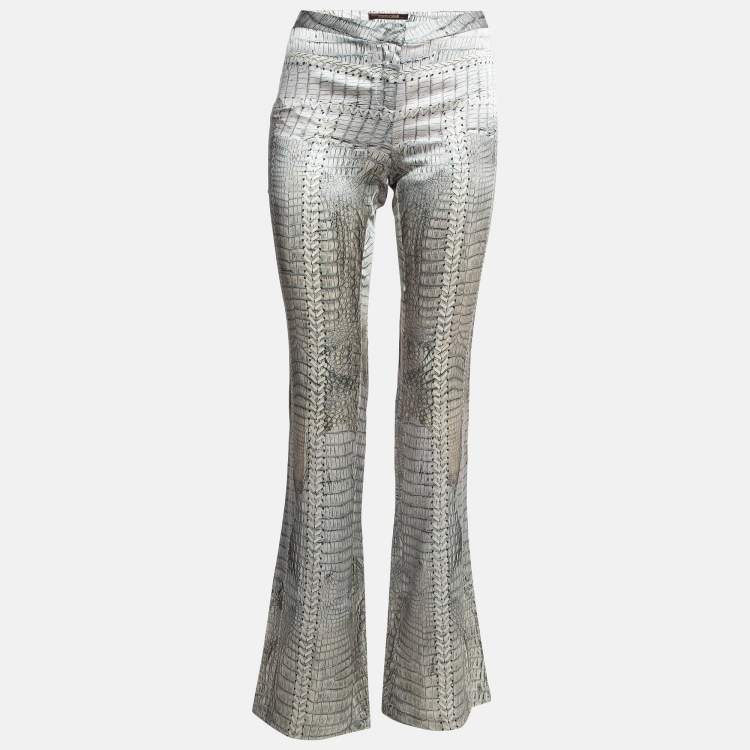 Pre Owned Roberto Cavalli Grey Snake Print Satin Silk Wide-Leg Trousers M