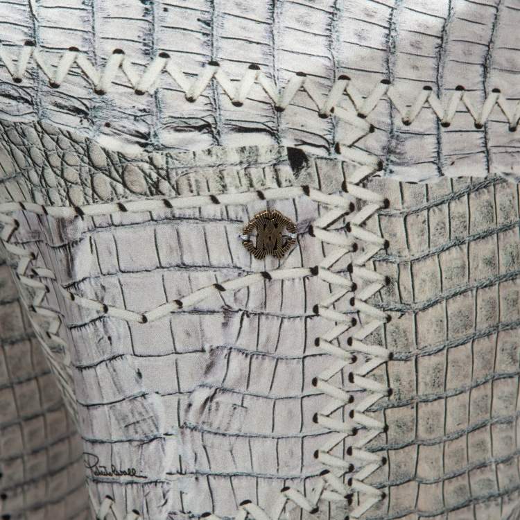 Pre Owned Roberto Cavalli Grey Snake Print Satin Silk Wide-Leg Trousers M