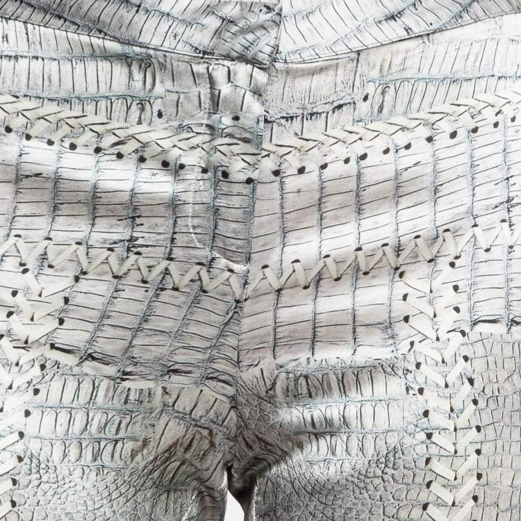 Pre Owned Roberto Cavalli Grey Snake Print Satin Silk Wide-Leg Trousers M