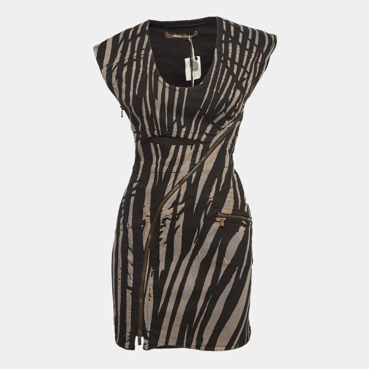 مملوكة مسبقًا Roberto Cavalli Black Zebra Print Denim Zip Detail Mini Dress S