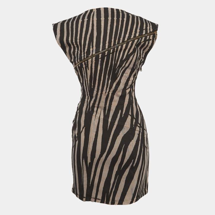 مملوكة مسبقًا Roberto Cavalli Black Zebra Print Denim Zip Detail Mini Dress S
