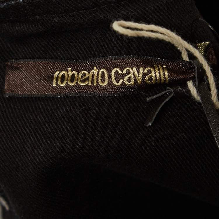 مملوكة مسبقًا Roberto Cavalli Black Zebra Print Denim Zip Detail Mini Dress S