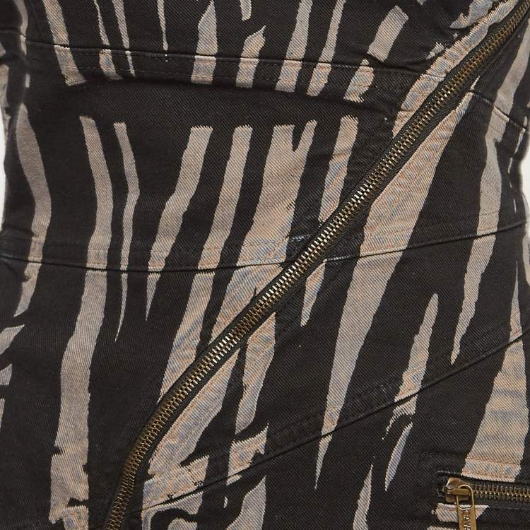 مملوكة مسبقًا Roberto Cavalli Black Zebra Print Denim Zip Detail Mini Dress S