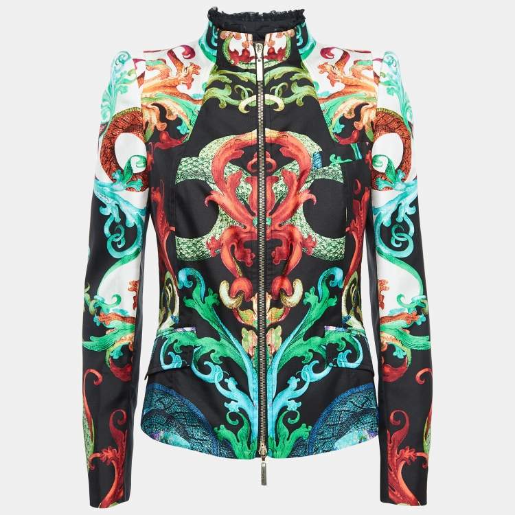 Pre Owned Roberto Cavalli Multicolor Printed Silk Ruffle Detail Jacket M