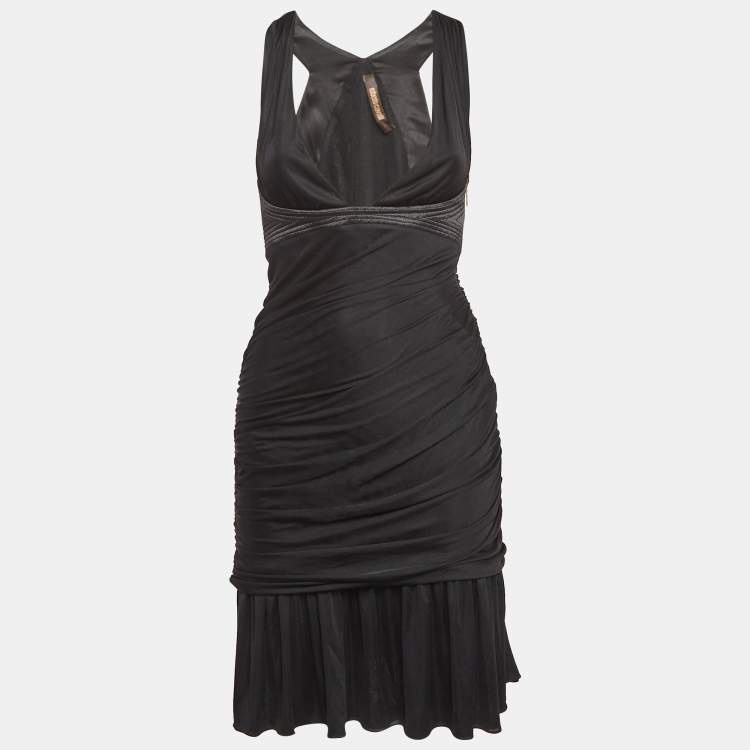 Pre Owned Roberto Cavalli Black Stretch Crepe Ruche Midi Dress S