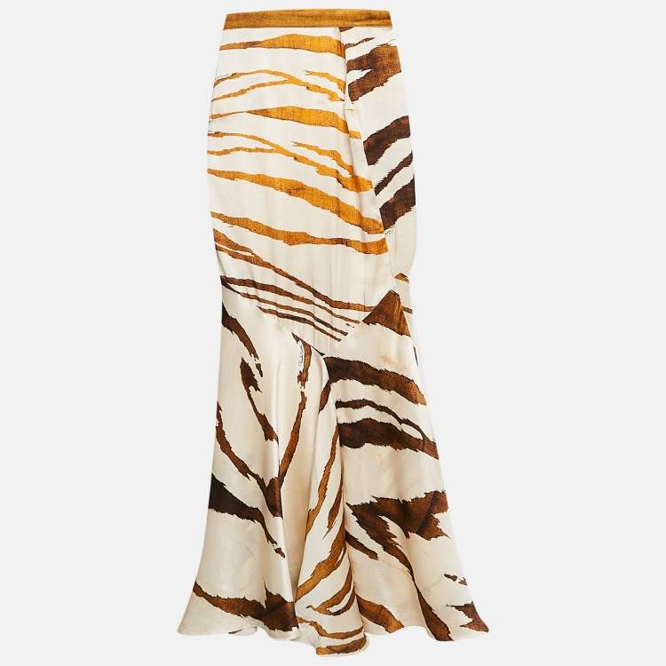 Pre Owned Roberto Cavalli Cream Printed Satin Silk Maxi Skirt S
