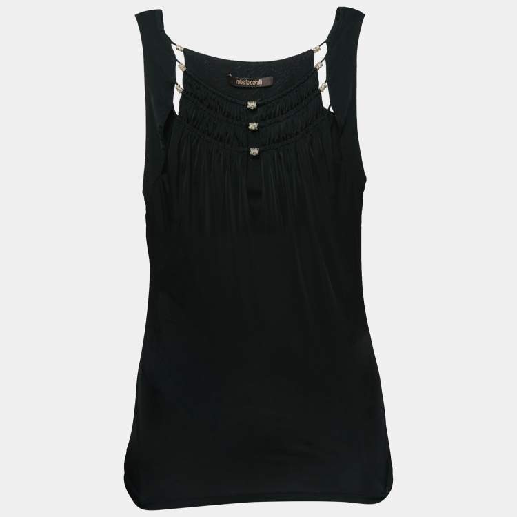 مملوكة مسبقًا Roberto Cavalli Black Jersey Ruffle Detail Top M