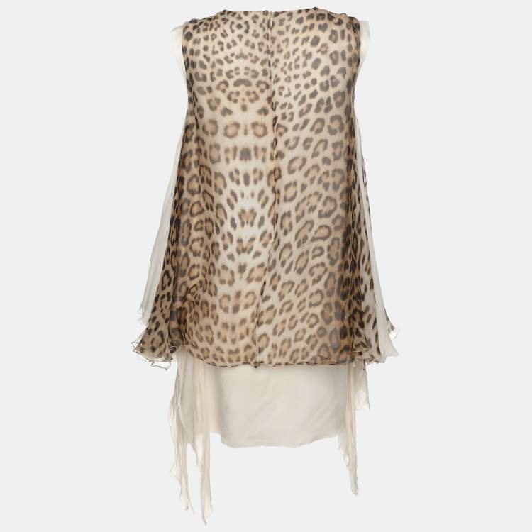 Pre Owned Roberto Cavalli Brown/Beige Leopard Print Silk Top S